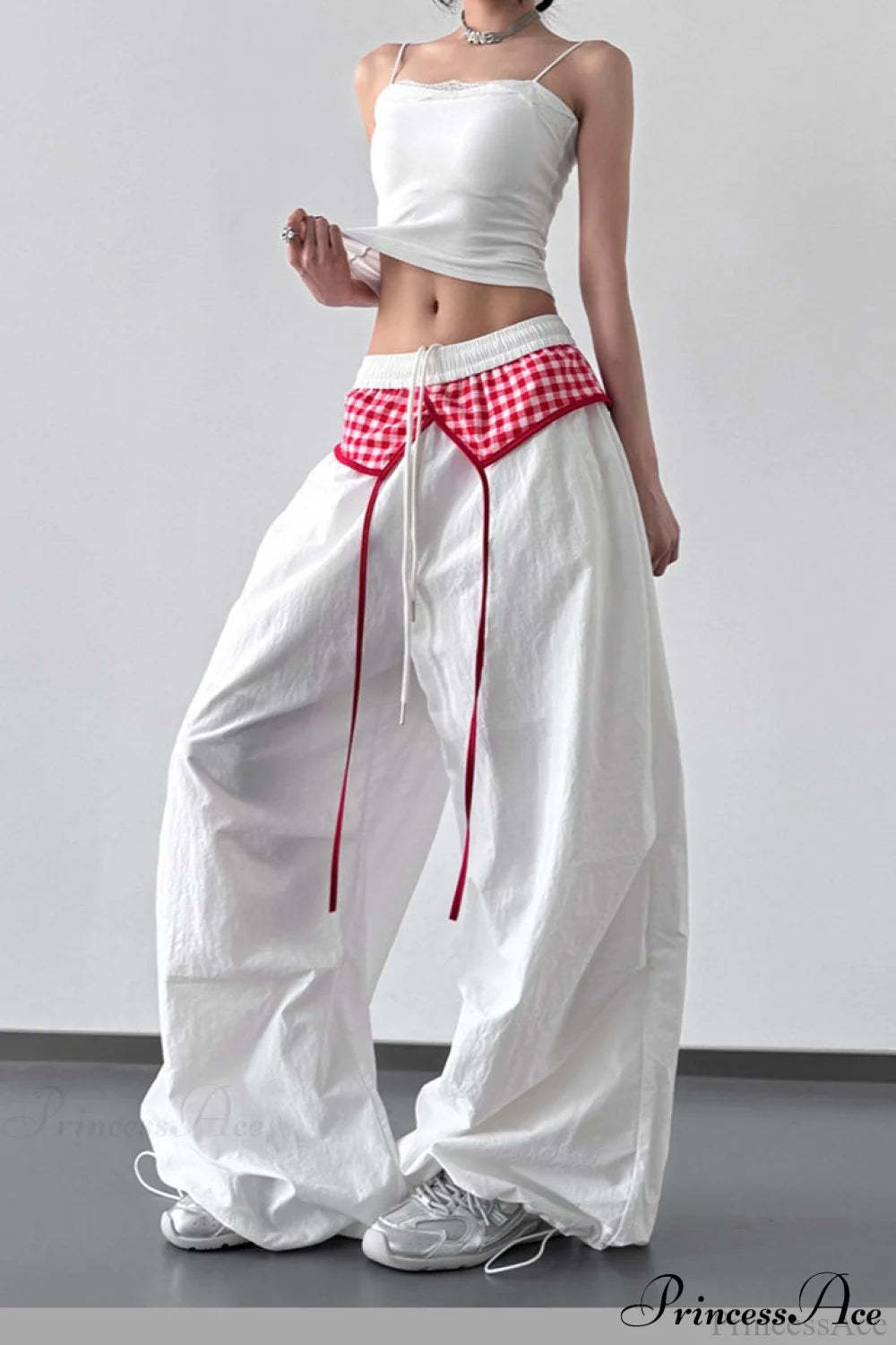 Plaid Pleated Layering Parachute Pants White / S