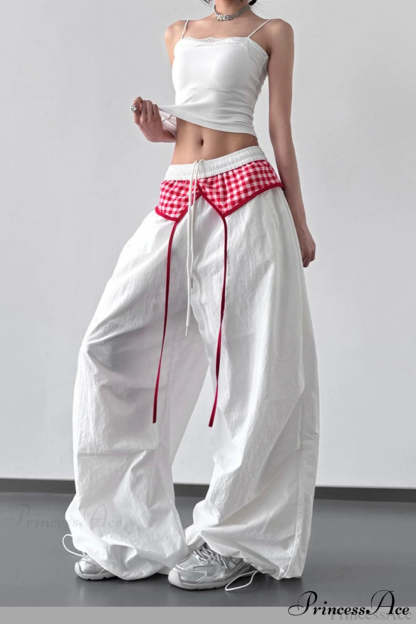 Plaid Pleated Layering Parachute Pants White / S