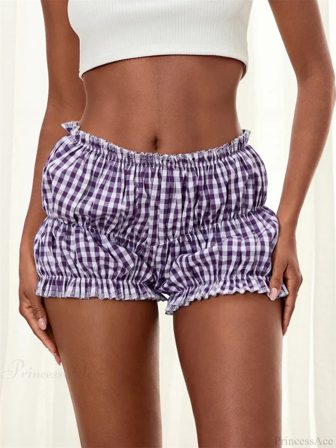 Plaid Ruched Ruffle Bloomer Short purple / S short-250223