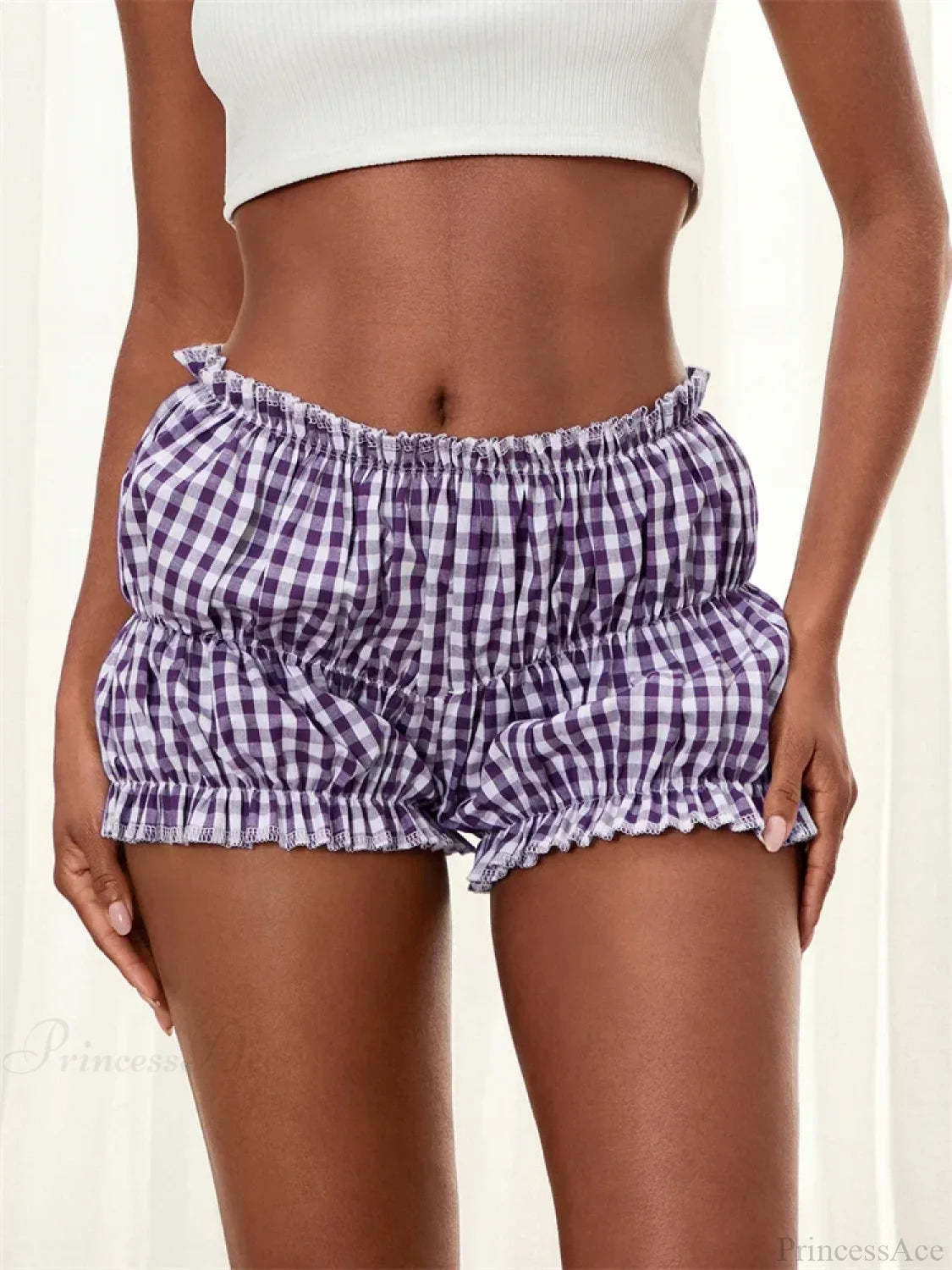 Plaid Ruched Ruffle Bloomer Short purple / S short-250223