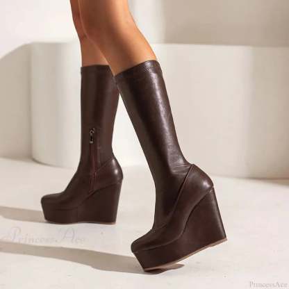 Platform Ramps Mid Calf Gothic Informal Boot Brown / 5