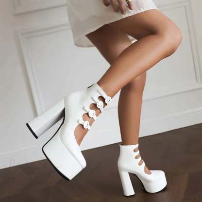 Platform Tall Heels Summer Cutout Dark Boot white A / 4