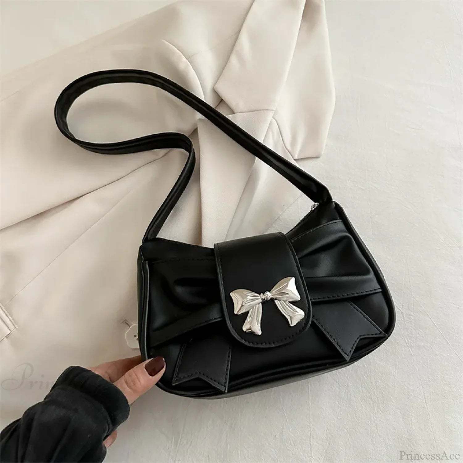 Pleated Korean Bow Shoulder Bag for Women Black shoulder-250126