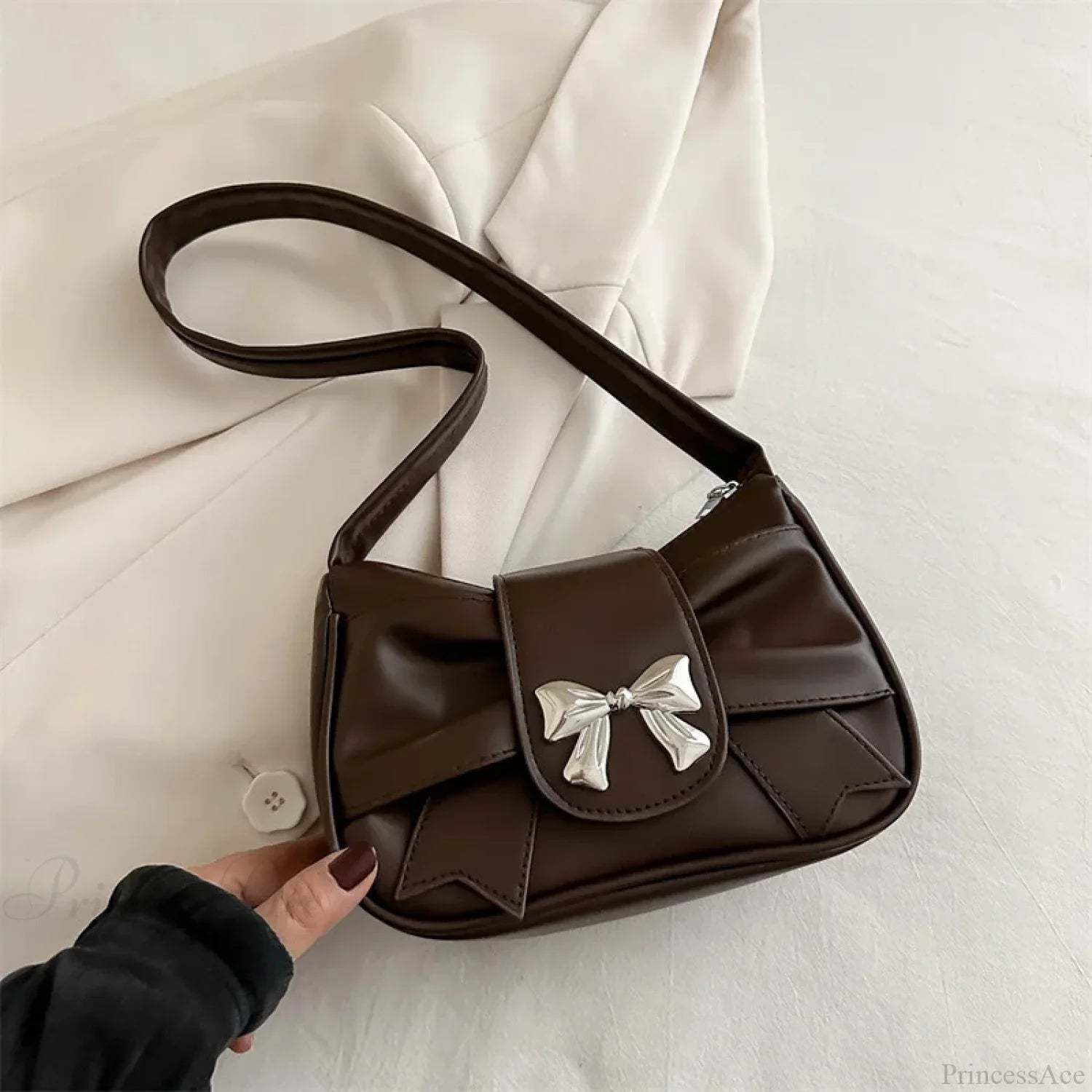 Pleated Korean Bow Shoulder Bag for Women Brown shoulder-250126