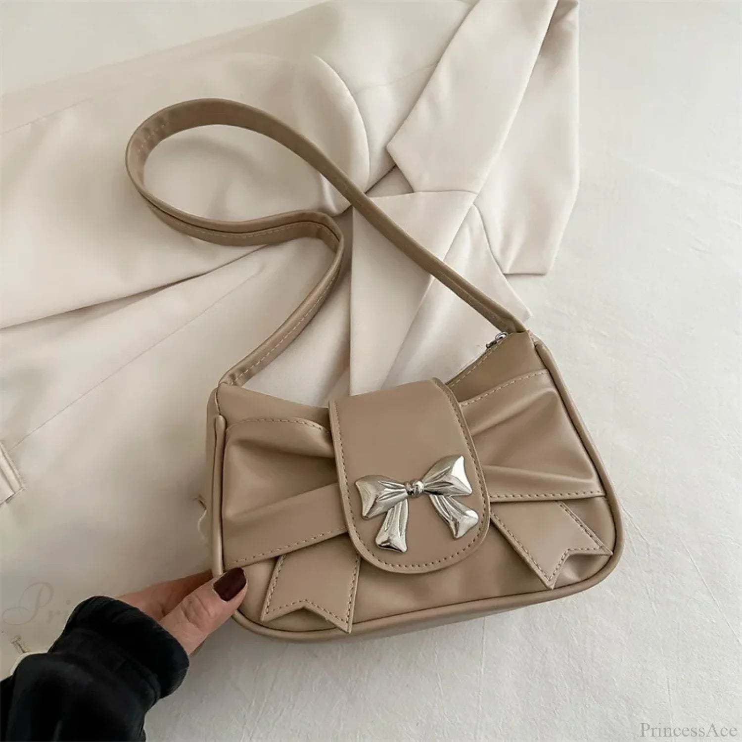 Pleated Korean Bow Shoulder Bag for Women Khaki shoulder-250126