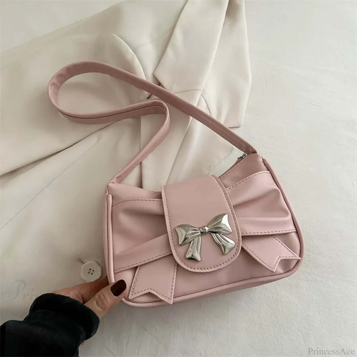 Pleated Korean Bow Shoulder Bag for Women Pink shoulder-250126