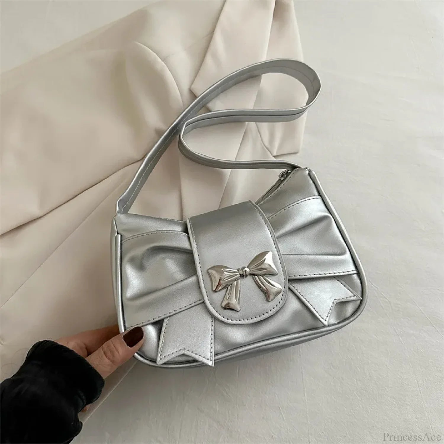 Pleated Korean Bow Shoulder Bag for Women Silver shoulder-250126