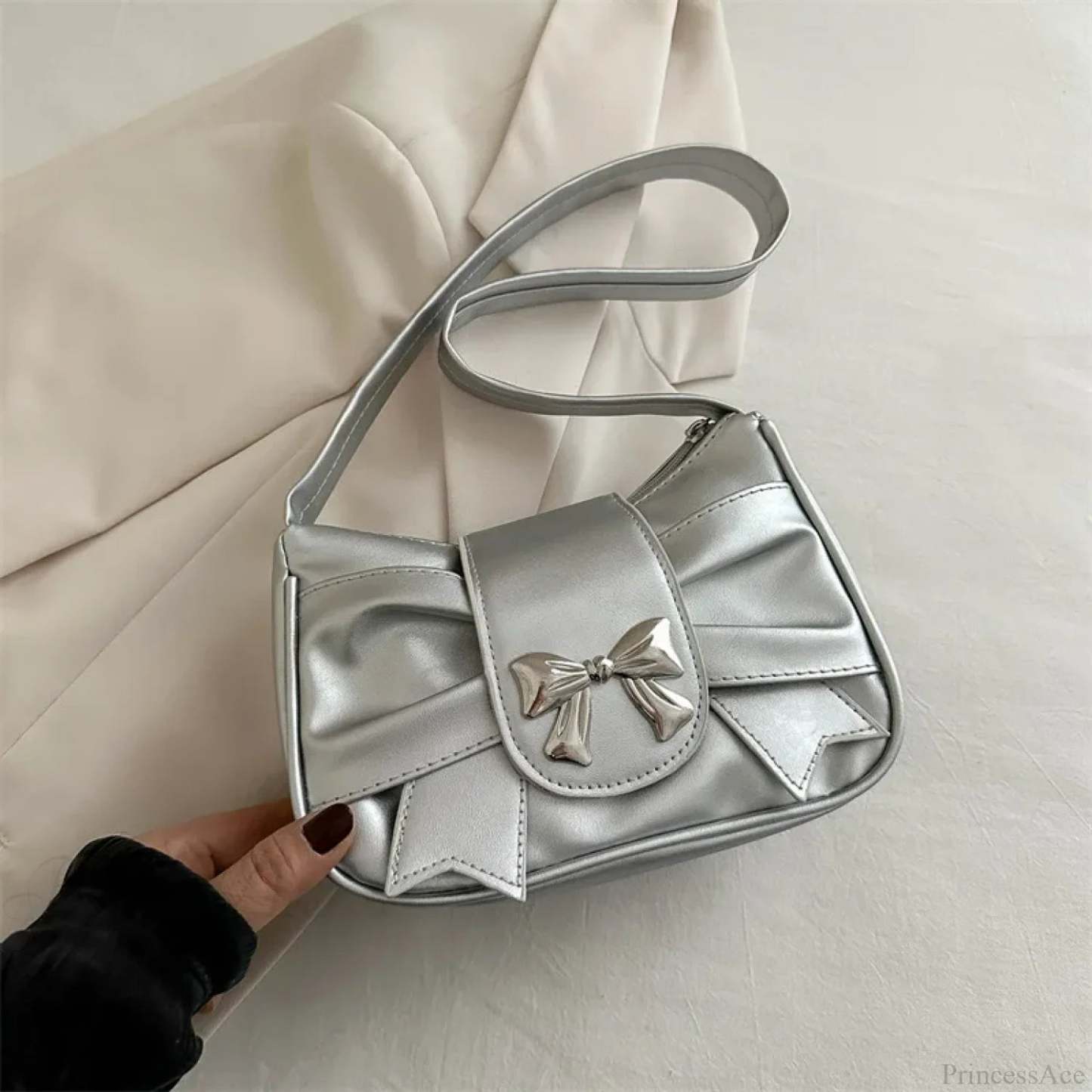 Pleated Korean Bow Shoulder Bag for Women Silver shoulder-250126