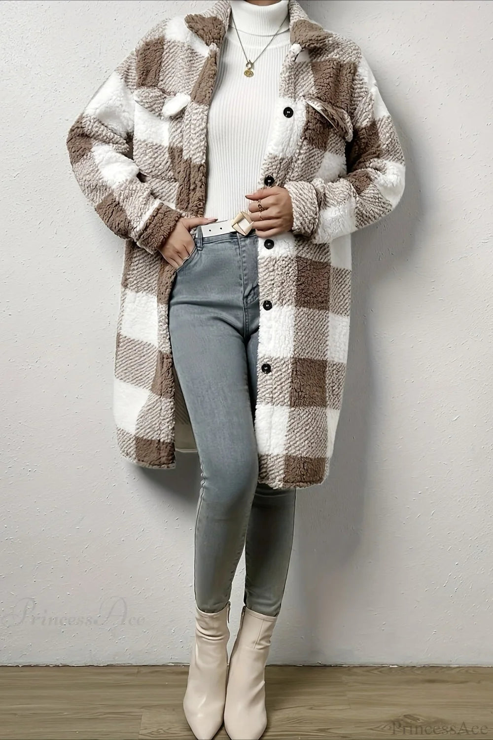Plush Plaid Button Front Wide Lapel Relaxed Overcoat