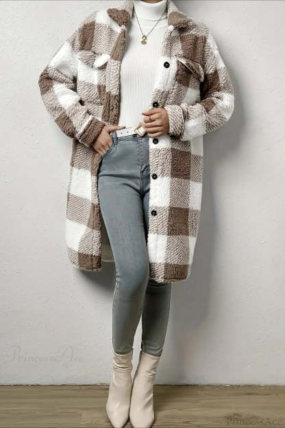 Plush Plaid Button Front Wide Lapel Relaxed Overcoat