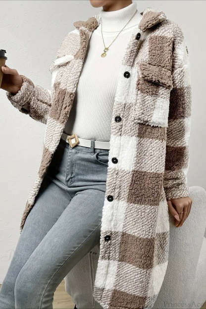 Plush Plaid Button Front Wide Lapel Relaxed Overcoat