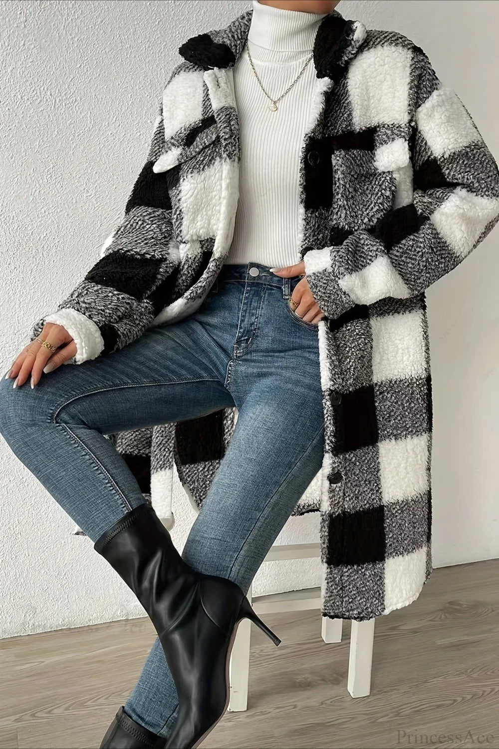 Plush Plaid Button Front Wide Lapel Relaxed Overcoat