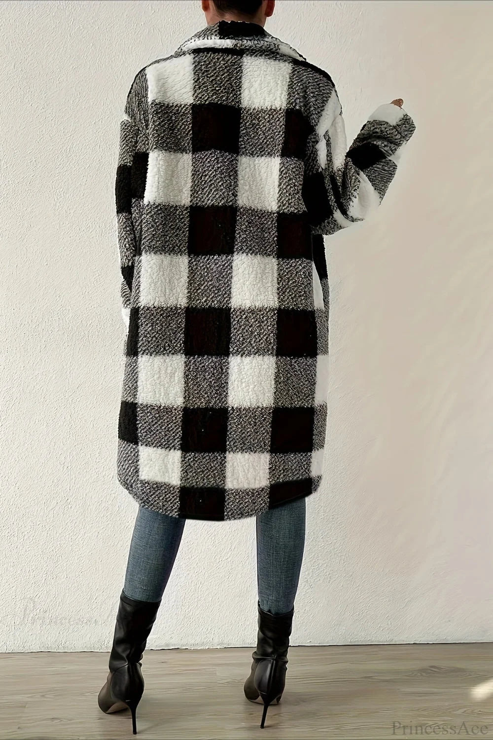 Plush Plaid Button Front Wide Lapel Relaxed Overcoat