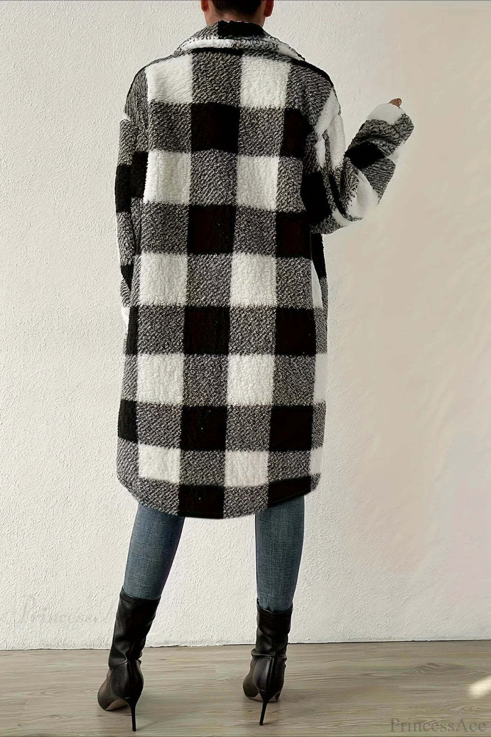 Plush Plaid Button Front Wide Lapel Relaxed Overcoat