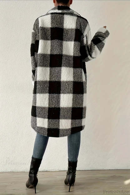 Plush Plaid Button Front Wide Lapel Relaxed Overcoat