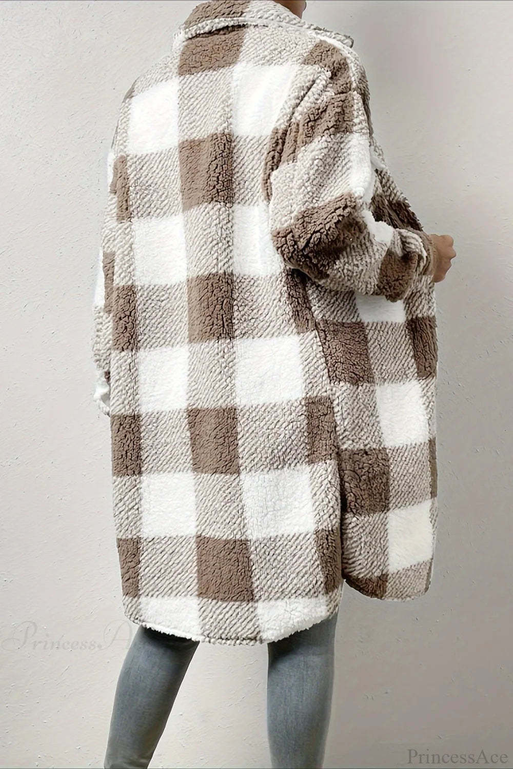 Plush Plaid Button Front Wide Lapel Relaxed Overcoat