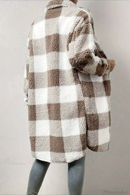 Plush Plaid Button Front Wide Lapel Relaxed Overcoat
