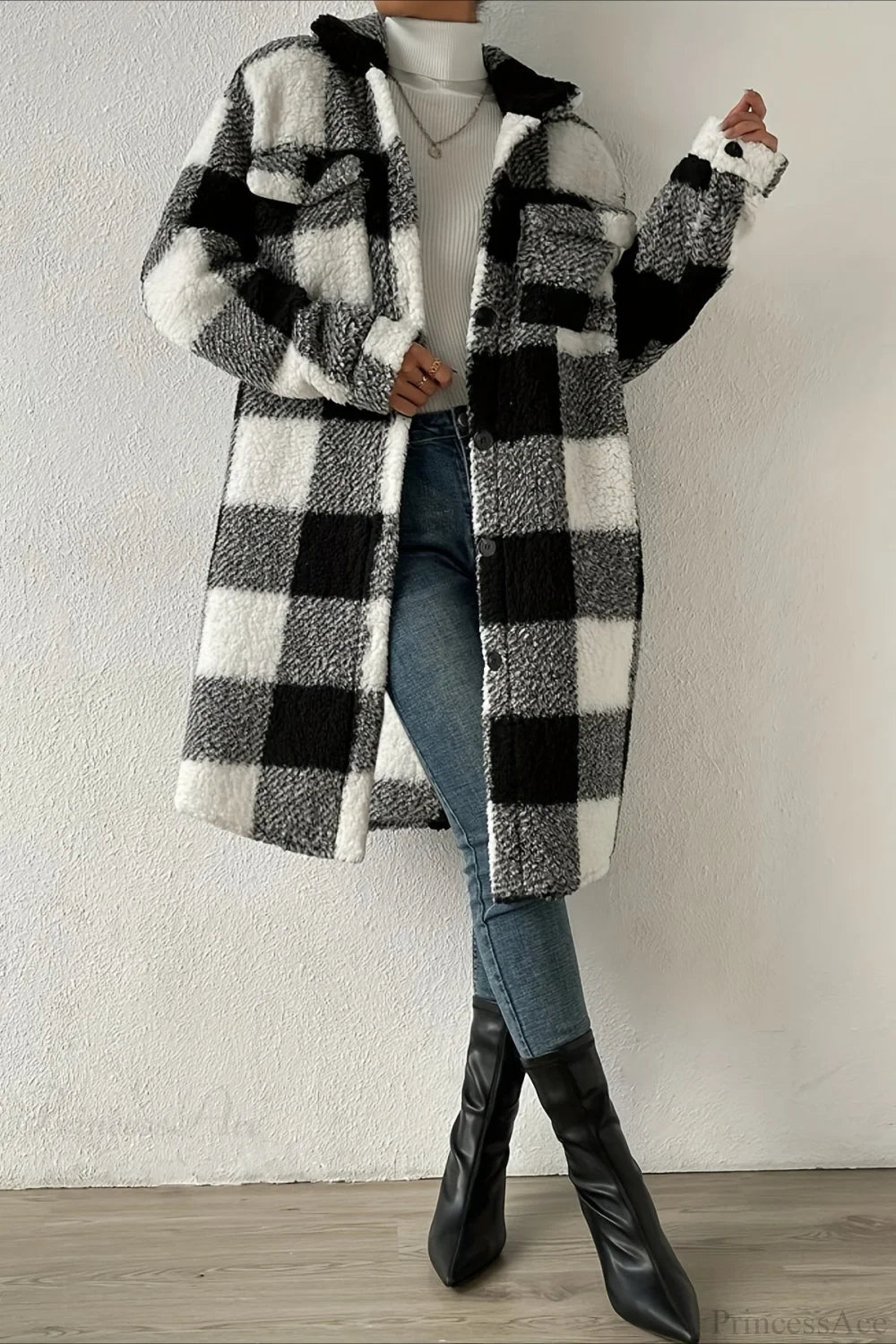 Plush Plaid Button Front Wide Lapel Relaxed Overcoat Black / S