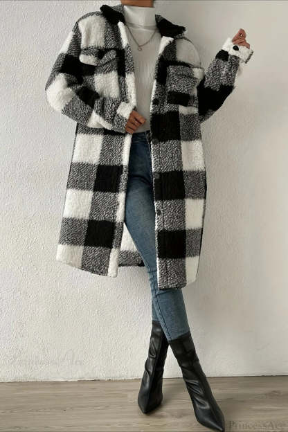 Plush Plaid Button Front Wide Lapel Relaxed Overcoat Black / S