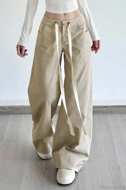 Pocket Patchwork Loose Wide Leg Cargo Pants Khaki / S