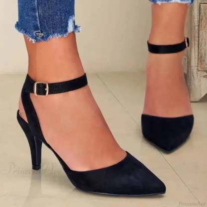 Pointed Wrap Hollow Out Ankle Strap Dating Office Sandals Low Heel Pump Black / 36