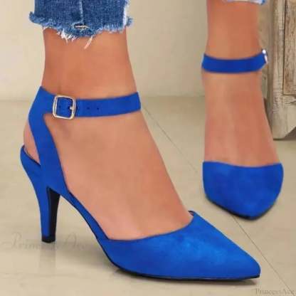 Pointed Wrap Hollow Out Ankle Strap Dating Office Sandals Low Heel Pump Blue / 36