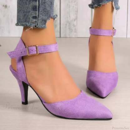 Pointed Wrap Hollow Out Ankle Strap Dating Office Sandals Low Heel Pump PURPLE / 36