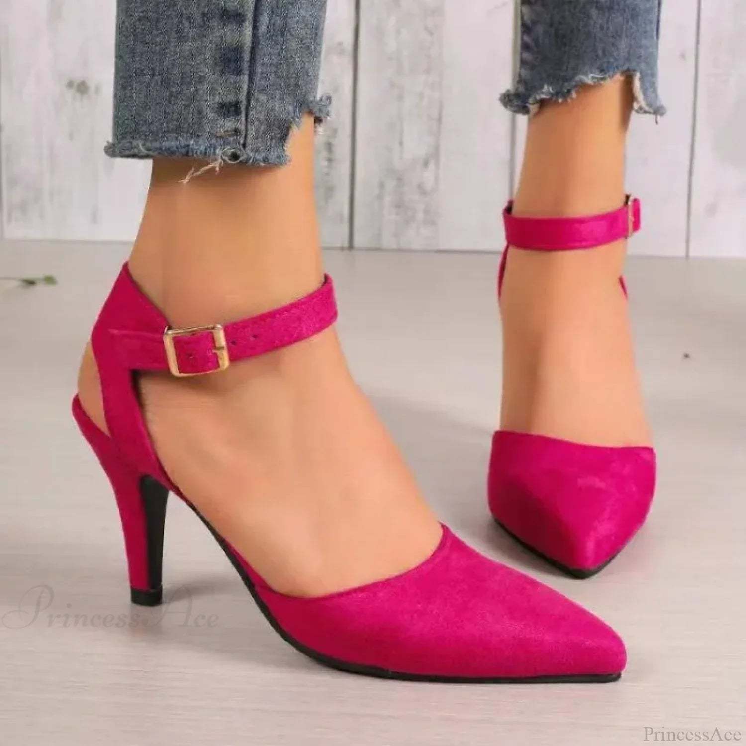 Pointed Wrap Hollow Out Ankle Strap Dating Office Sandals Low Heel Pump Rosy Red / 36