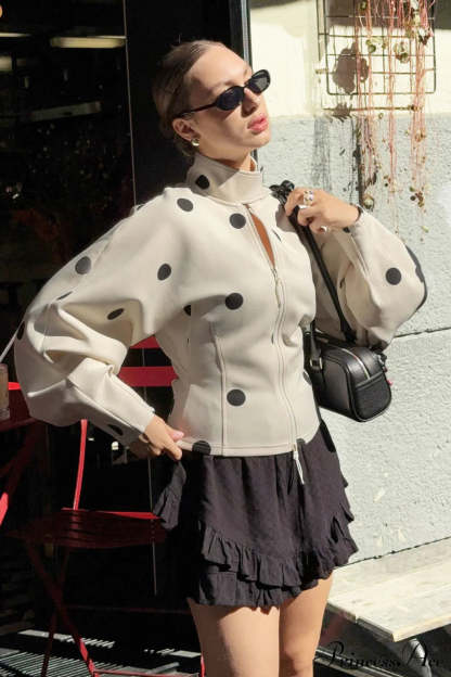 Polka Dot High Neck Zip Waist Coat Off-White / S