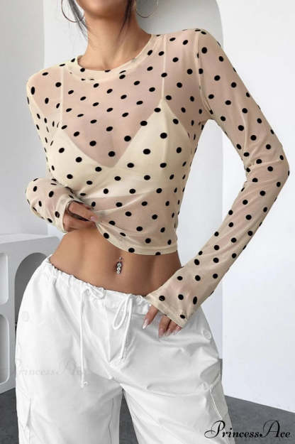 Polka Dot Mesh Slim Fit Long Sleeve Crop Top Off-White / S