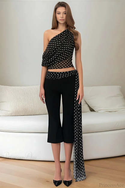 Polka Dot Off Shoulder Crop Top Tow Pieces Set Black / S