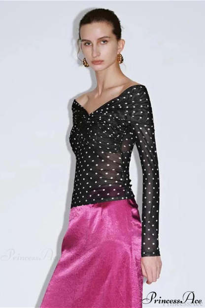 Polka Dot Off Shoulder Ruched Short Long Sleeve Tee