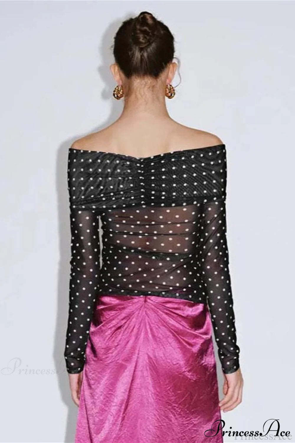 Polka Dot Off Shoulder Ruched Short Long Sleeve Tee