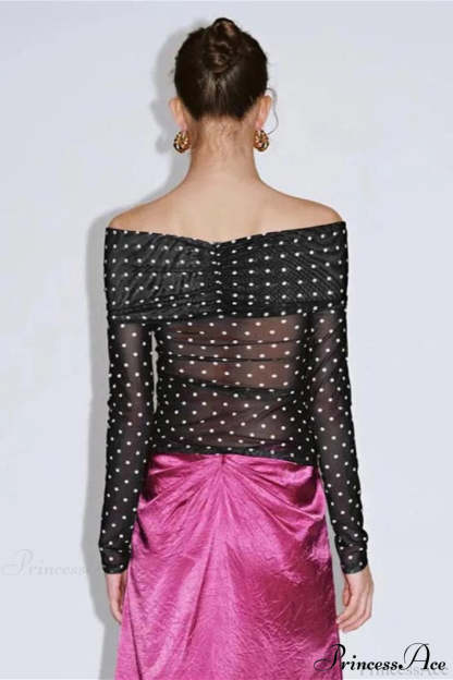 Polka Dot Off Shoulder Ruched Short Long Sleeve Tee