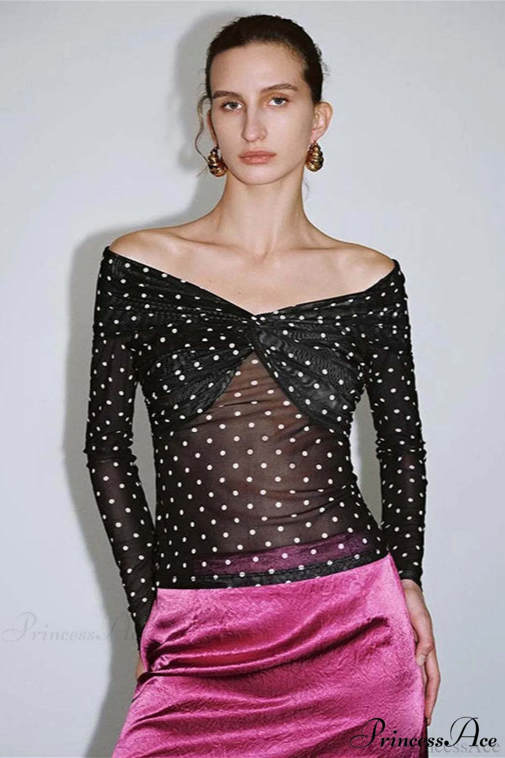 Polka Dot Off Shoulder Ruched Short Long Sleeve Tee Black / S