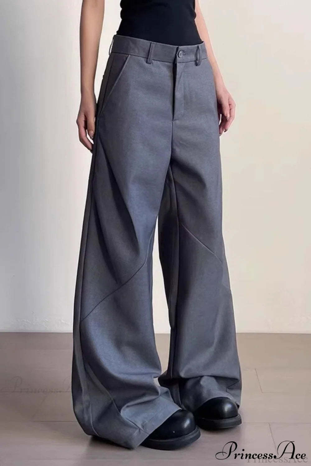 Premium Gray Ruched Drapey Wide Leg Pants Grey / S