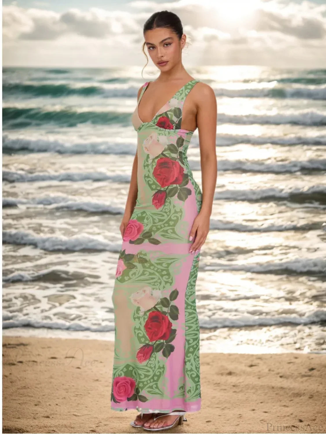Print Slim Elegant Maxi Vacation Dress vacationdress-250223