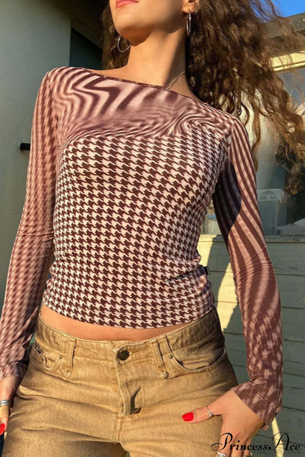 Printed Crew Neck Cropped Long Sleeve Tee