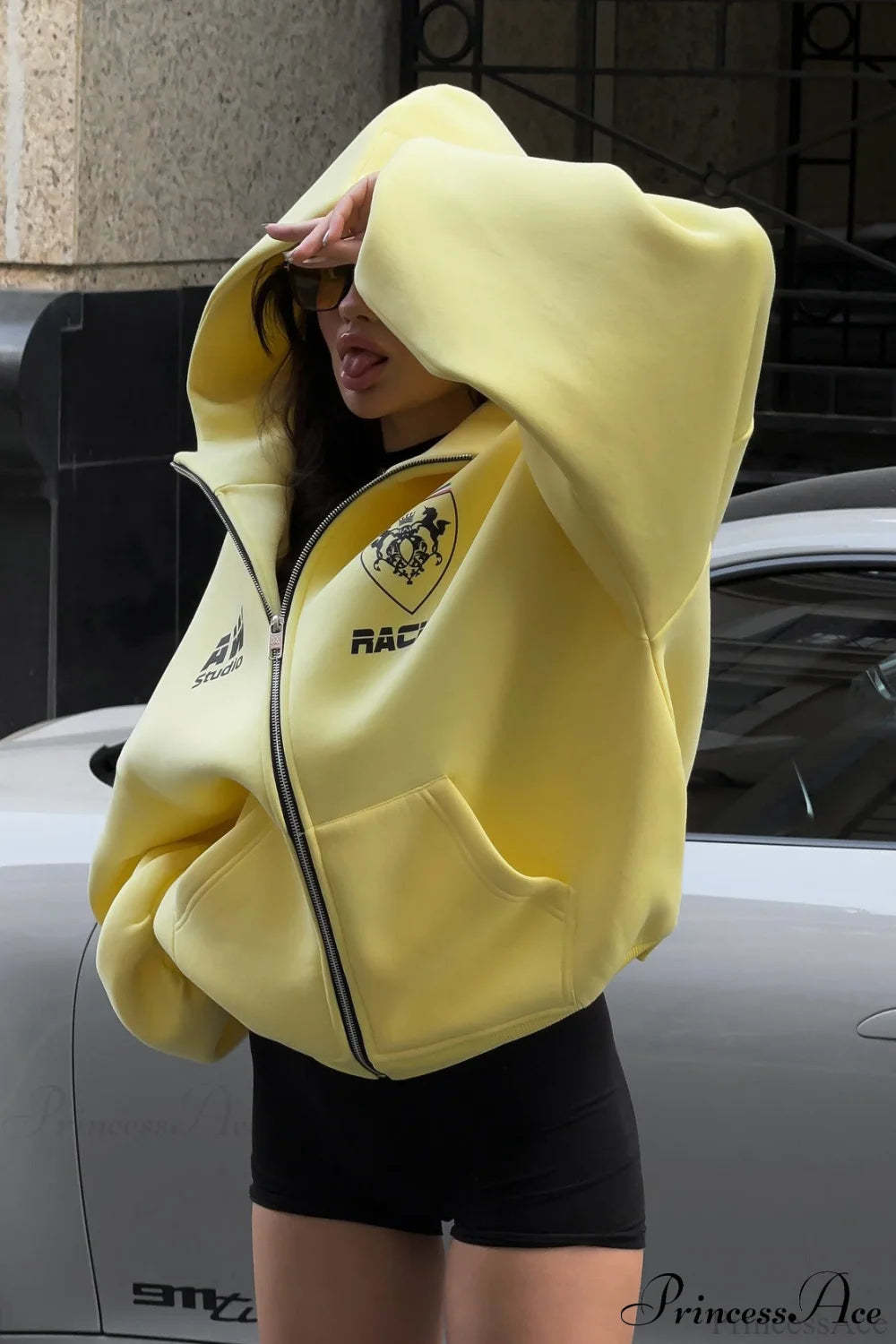 Printed Oversized Zip Hoodie Yellow / S