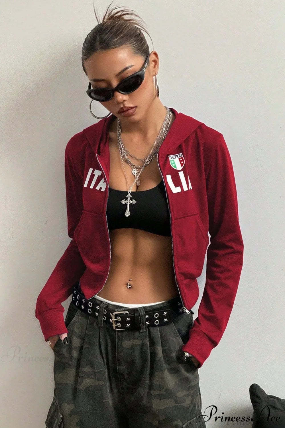 Printed Zip-Up Cropped Hoodie