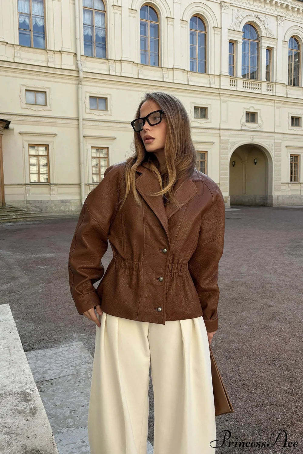 PU Leather Blazer Collar Slim Coat