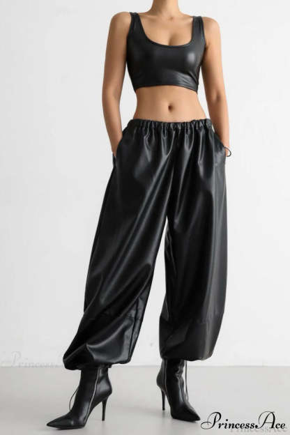 PU Leather Loose Harem Drawstring Pants
