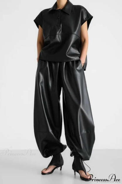 PU Leather Loose Harem Drawstring Pants Black / S