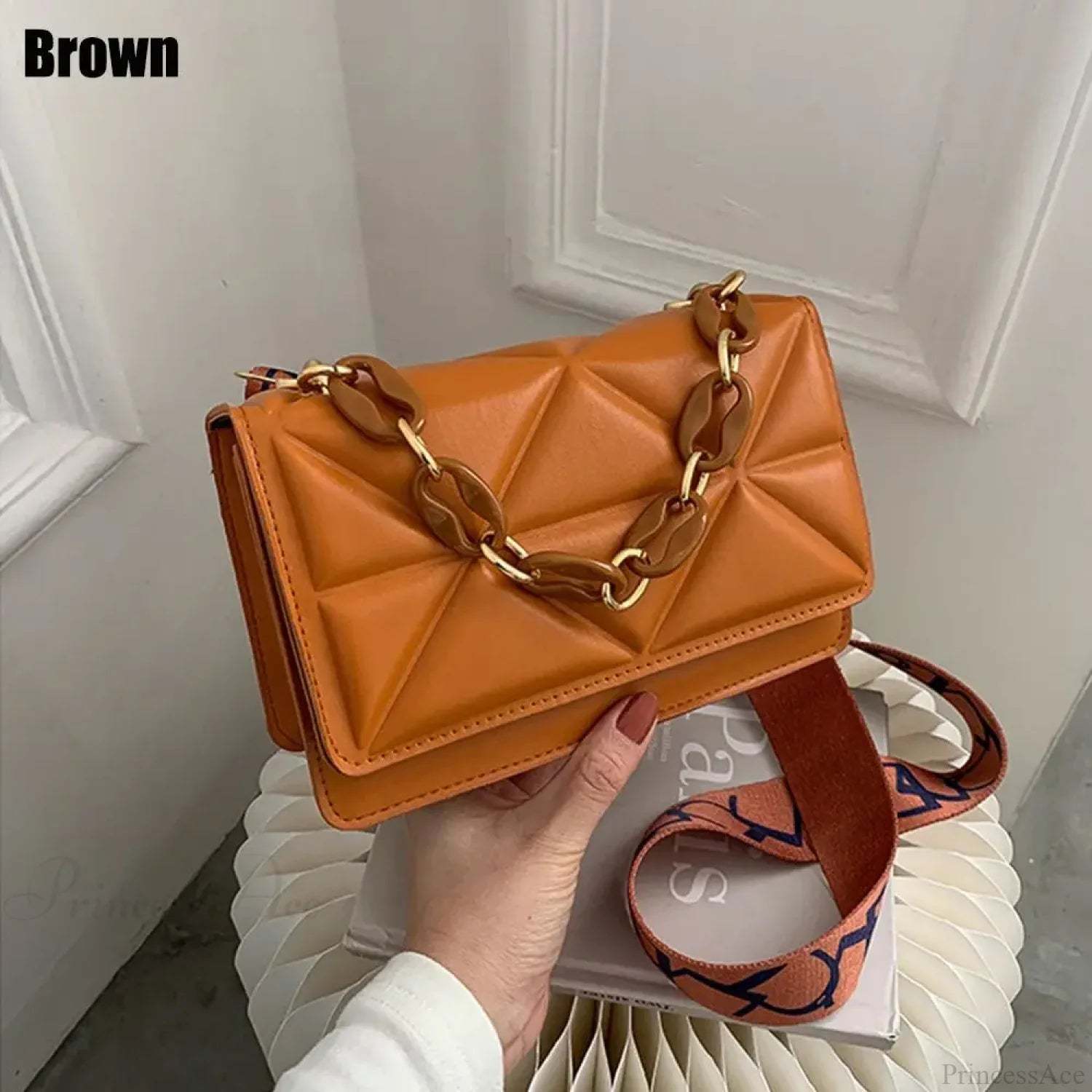 PU Leather Metal Chain Crossbody Bag Brown crossbody-250126