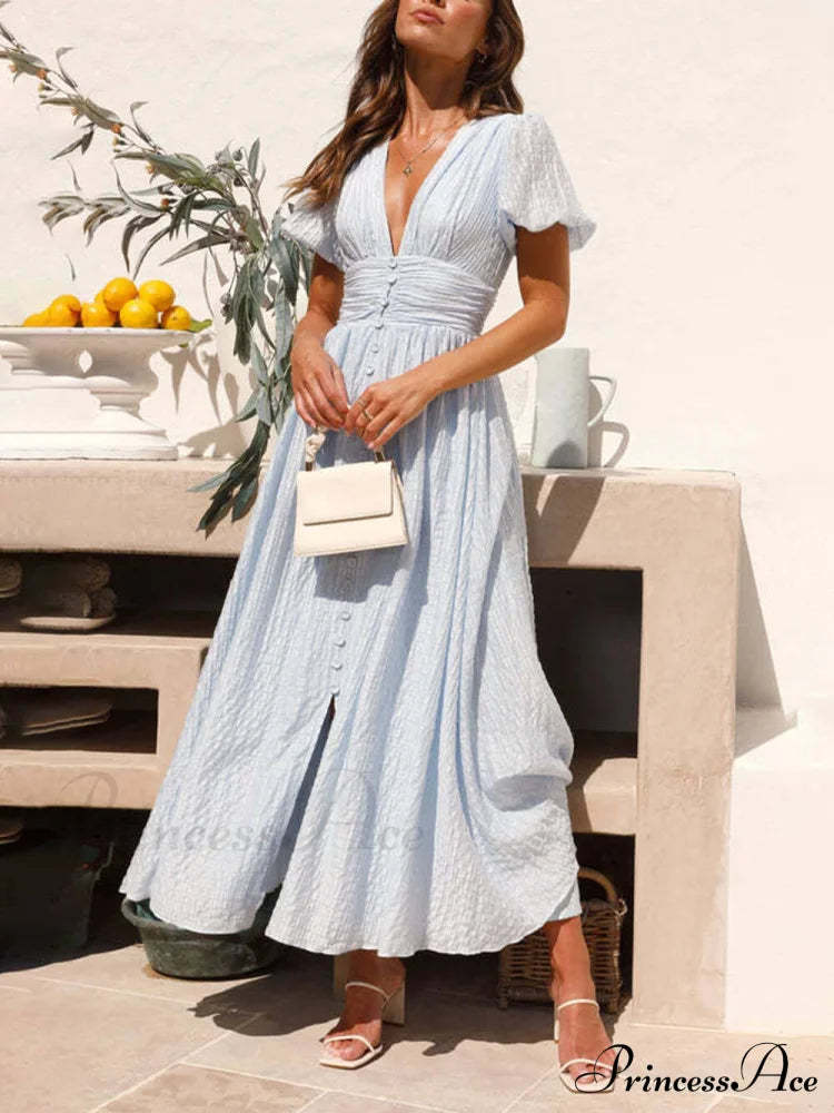 Puff Sleeve V-Neck Charming Long Oversized Hem Dress Blue / S Dresses