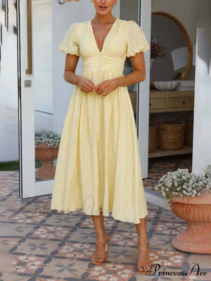 Puff Sleeve V-Neck Charming Long Oversized Hem Dress Dresses