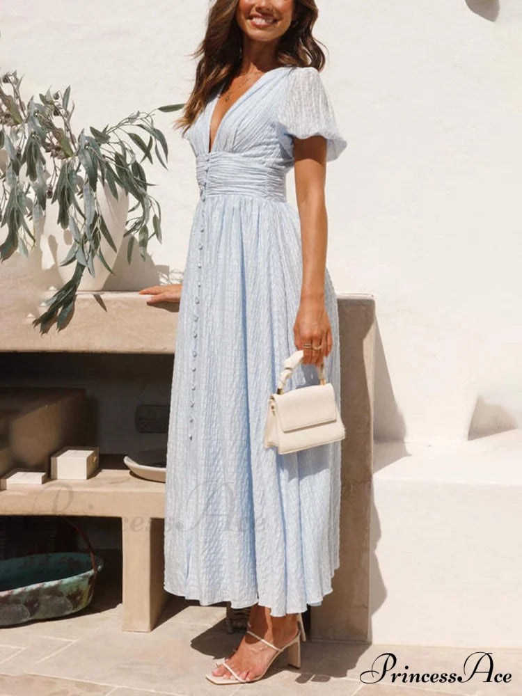 Puff Sleeve V-Neck Charming Long Oversized Hem Dress Dresses