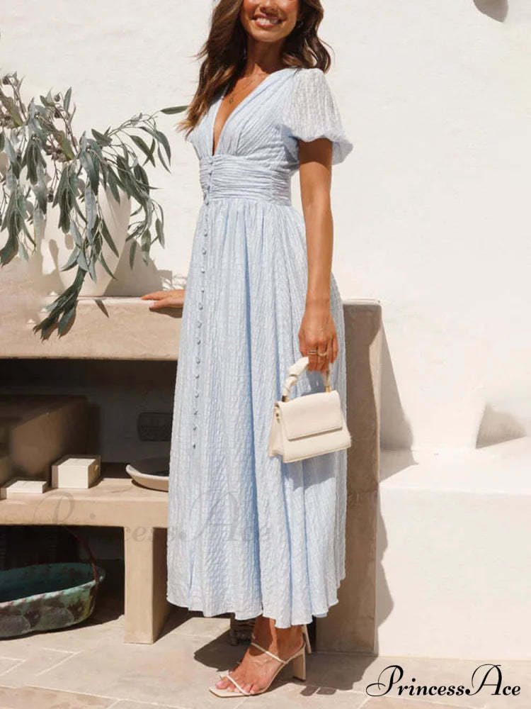 Puff Sleeve V-Neck Charming Long Oversized Hem Dress Dresses