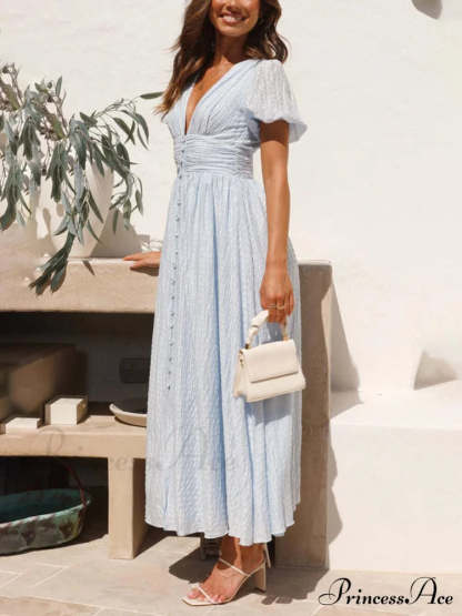 Puff Sleeve V-Neck Charming Long Oversized Hem Dress Dresses