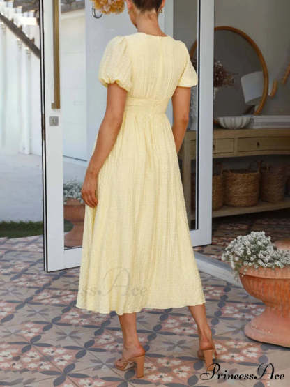 Puff Sleeve V-Neck Charming Long Oversized Hem Dress Dresses